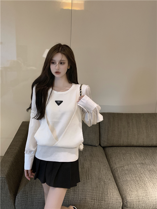 Bottoming puff sleeve cross pullover round neck tops