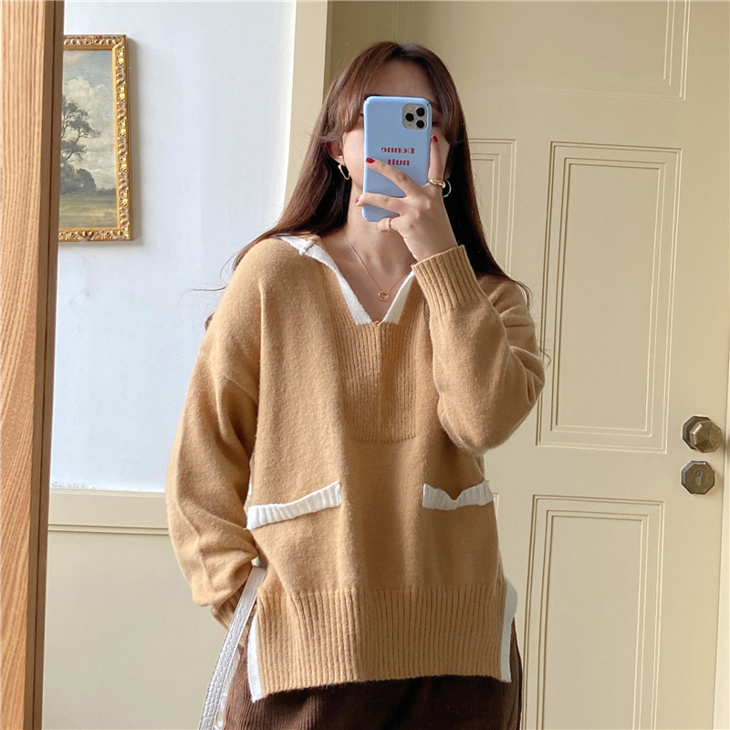 V-neck slim Korean style loose long sweater