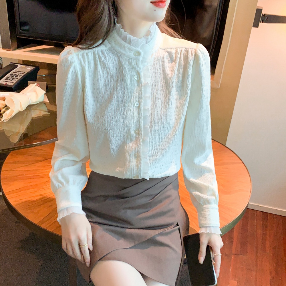 White autumn shirt cstand collar chiffon shirt for women