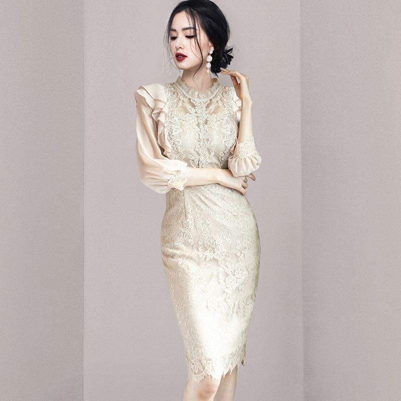 Korean style pinched waist temperament package hip slim dress