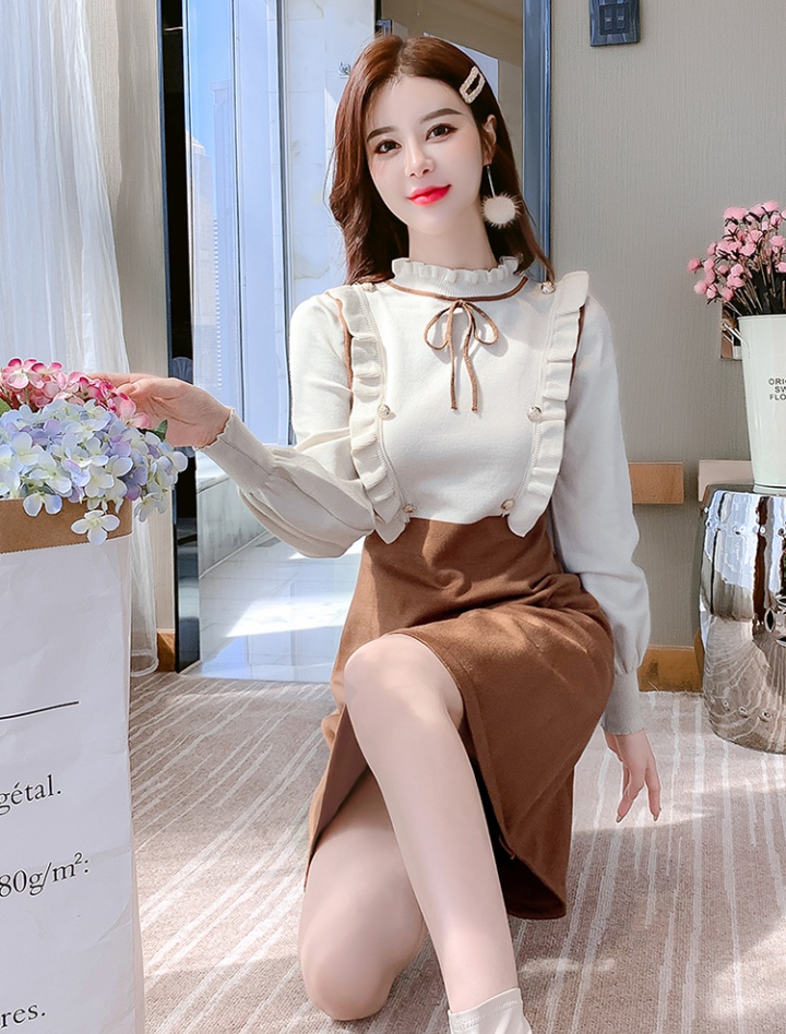 Lotus leaf edges bow dress knitted sweater