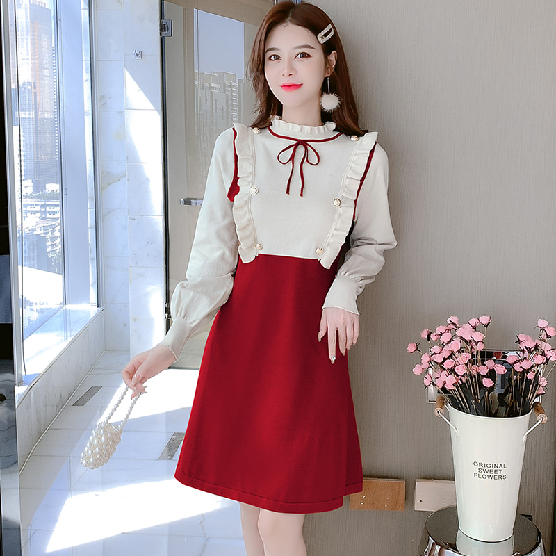 Lotus leaf edges bow dress knitted sweater