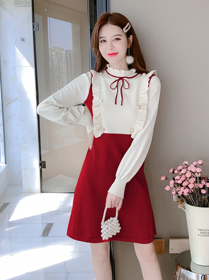 Lotus leaf edges bow dress knitted sweater