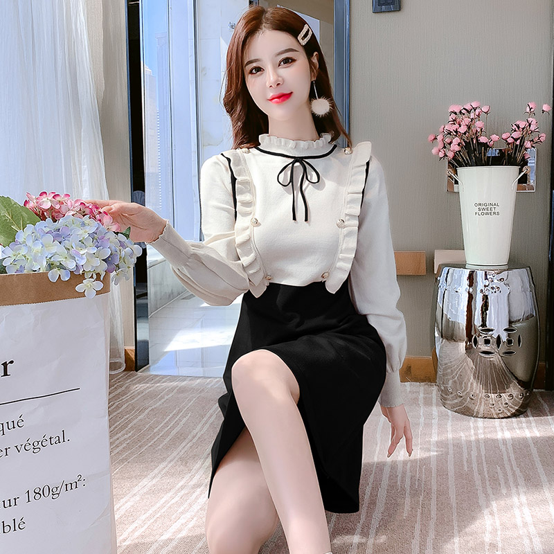 Lotus leaf edges bow dress knitted sweater