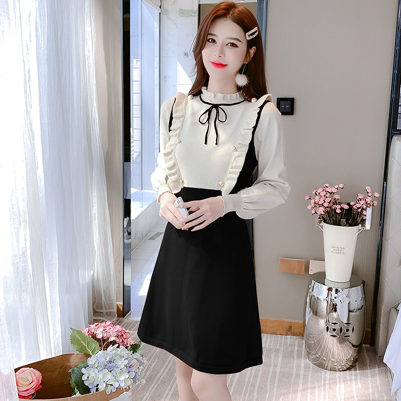 Lotus leaf edges bow dress knitted sweater