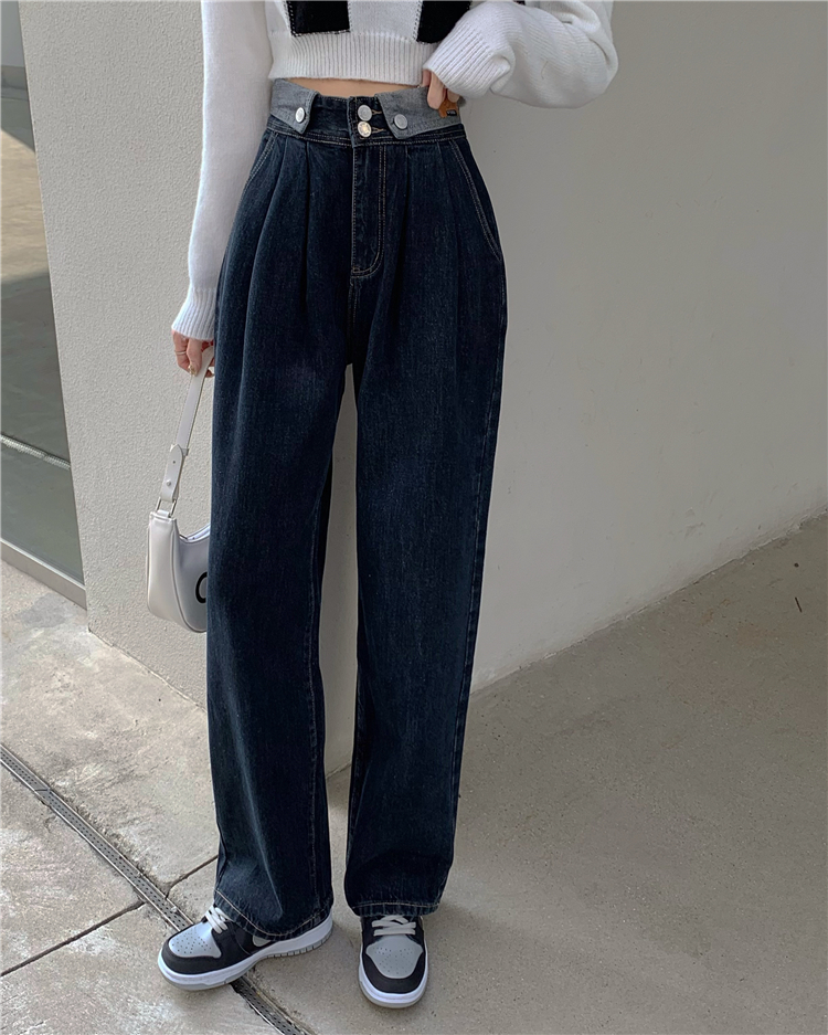 Flanging retro jeans mopping high waist wide leg pants