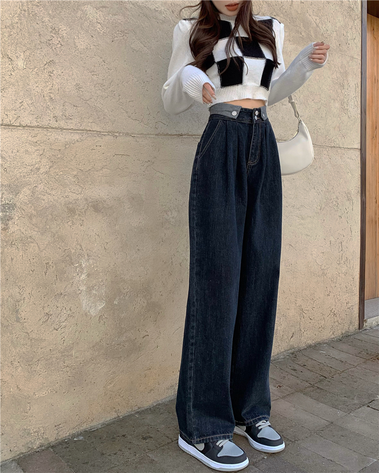 Flanging retro jeans mopping high waist wide leg pants