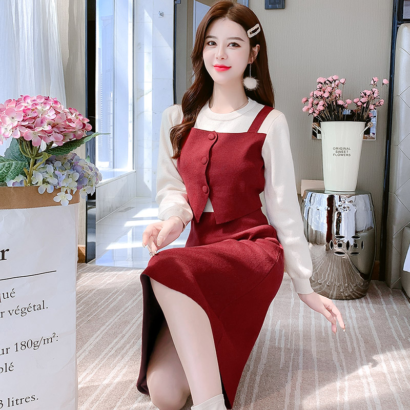 Autumn and winter knitted dress round neck Pseudo-two sweater