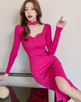 Beading bottoming halter collar package hip knitted dress