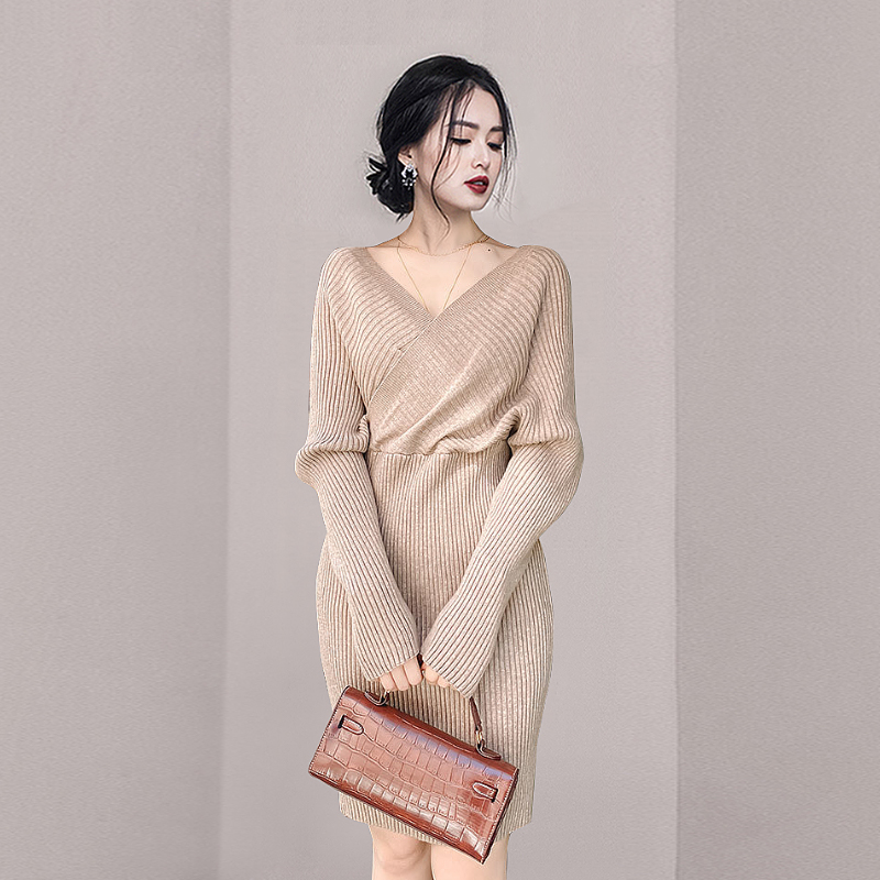 Ladies slim long dress knitted sweater dress for women