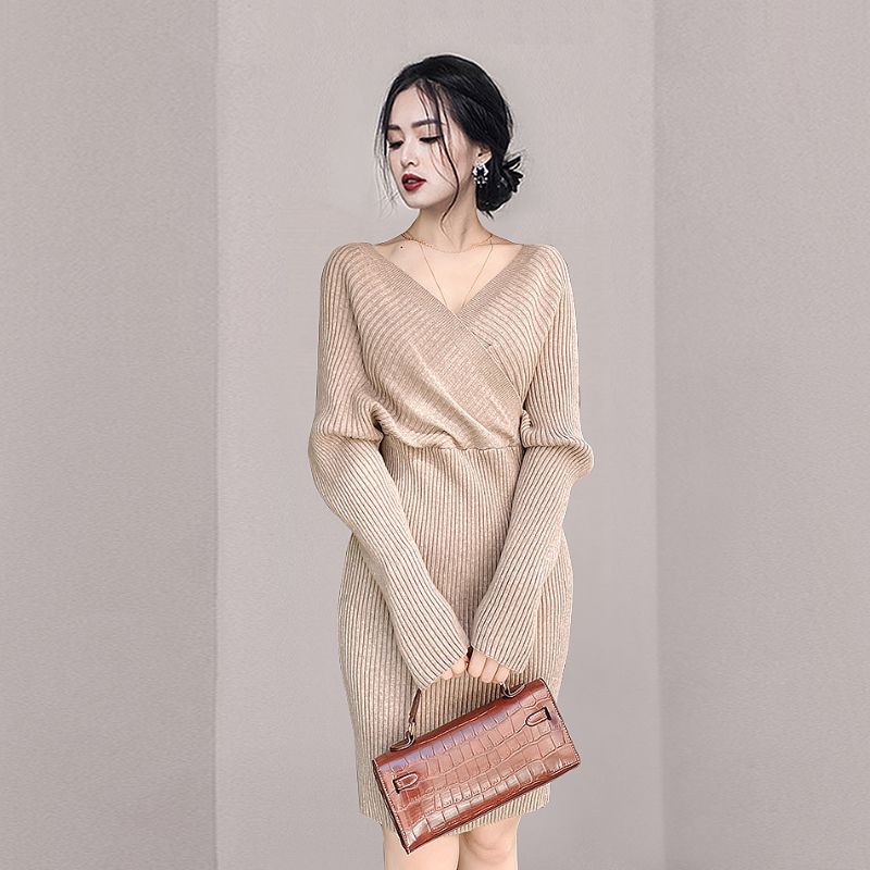 Ladies slim long dress knitted sweater dress for women