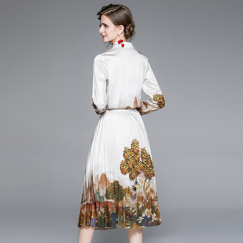 Loose slim skirt spring and autumn printing shirt 2pcs set