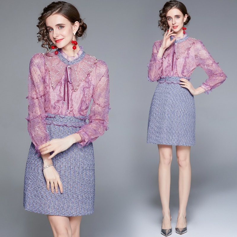 Embroidery splice colors dress lace bow winter T-back
