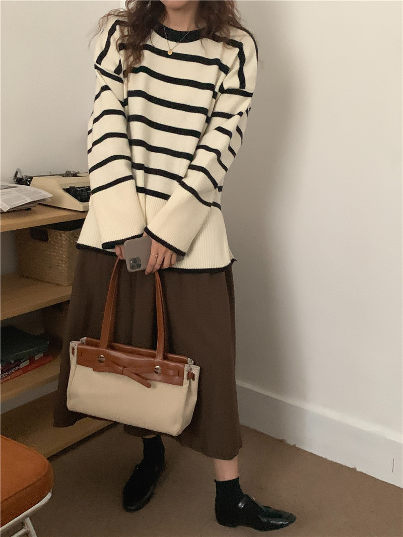 Korean style loose stripe round neck sweater