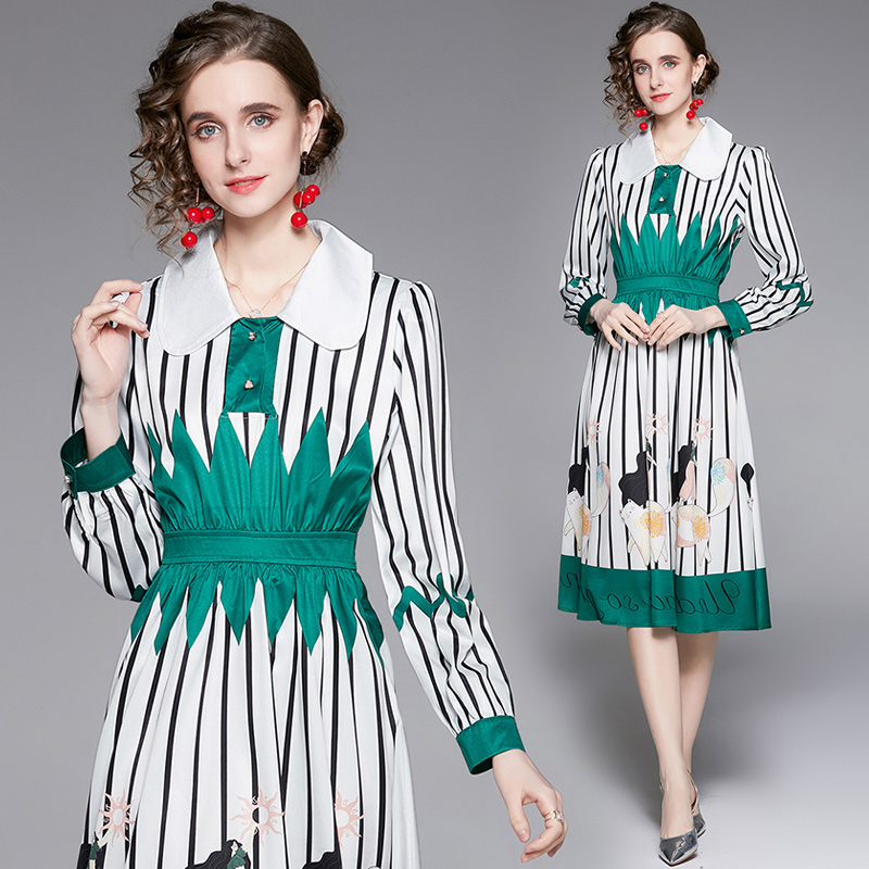 Stripe doll collar dress puff sleeve retro long dress