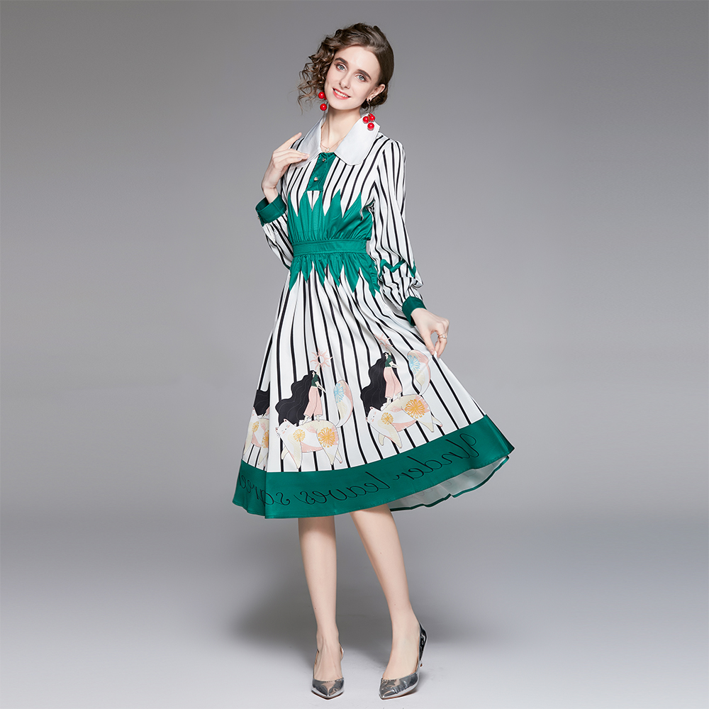 Stripe doll collar dress puff sleeve retro long dress