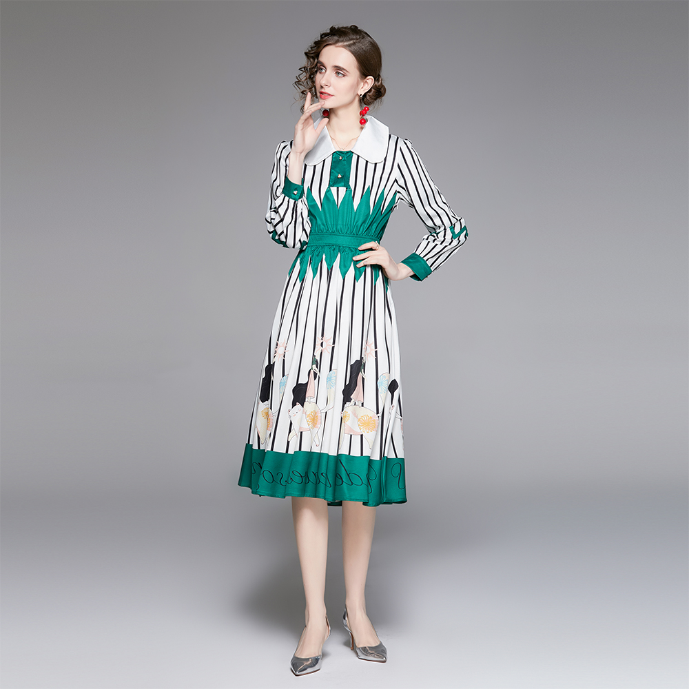 Stripe doll collar dress puff sleeve retro long dress