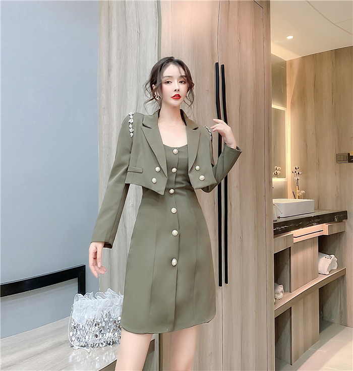 Double-breasted halter dress Western style coat a set