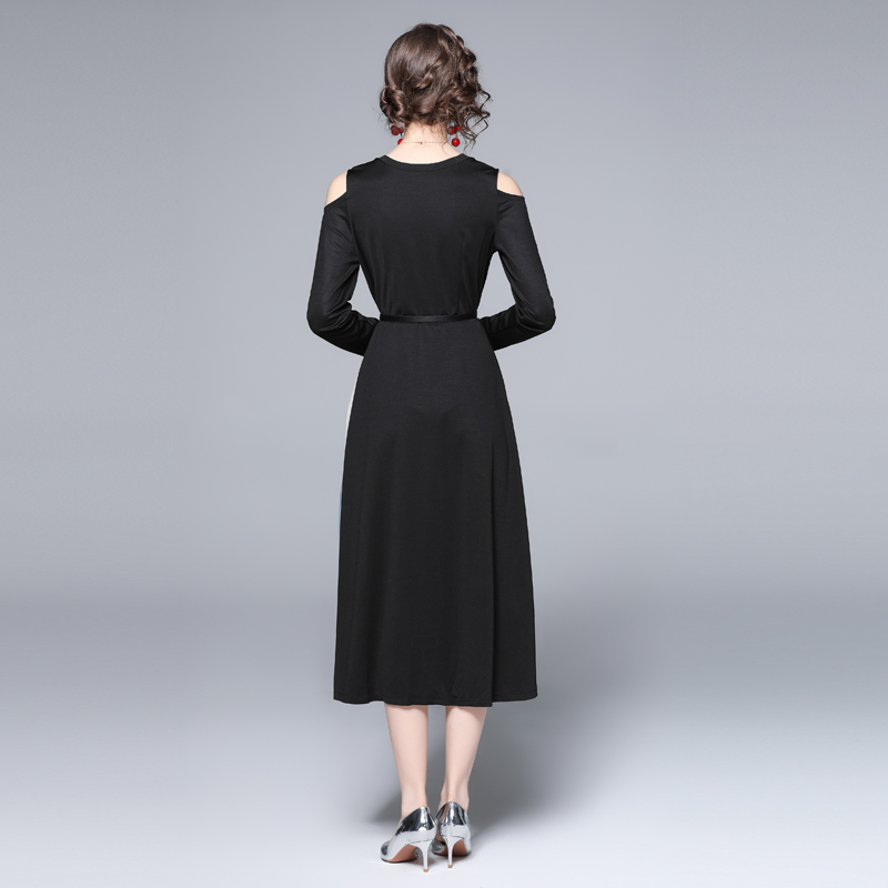 Long sleeve pinched waist black slim unique dress