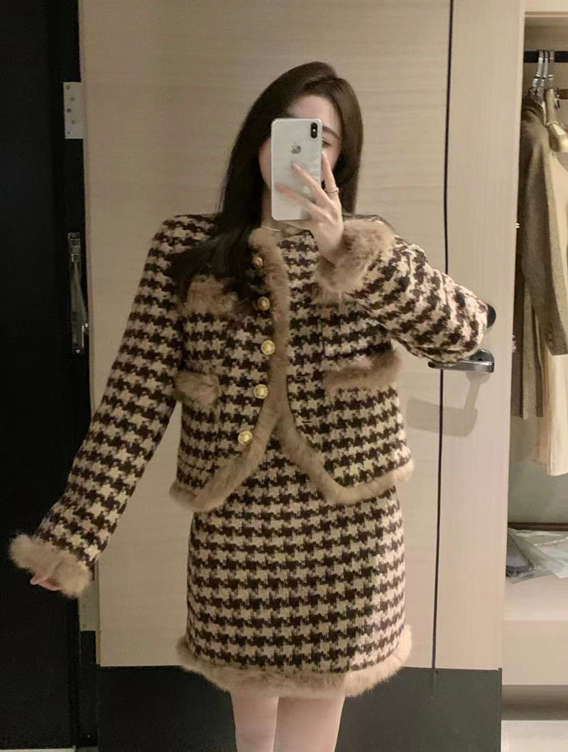 France style skirt woolen coat 2pcs set for women