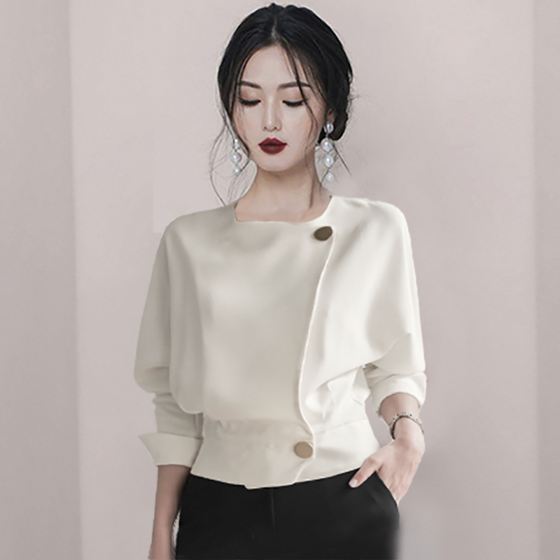 Fashion buckle autumn tops white long sleeve shirt for women