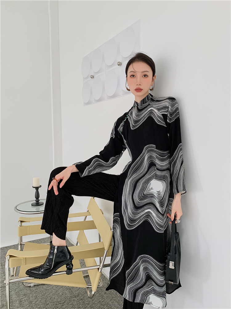 Retro black dress high split cheongsam for women