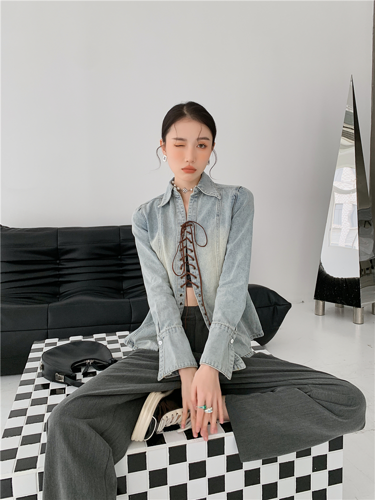 Cross Korean style bandage leather cord washed shirt for women
