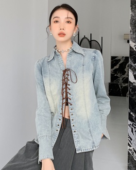 Cross Korean style bandage leather cord washed shirt for women