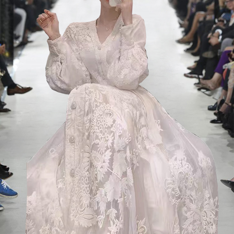 Lady white France style long dress autumn lace dress for women