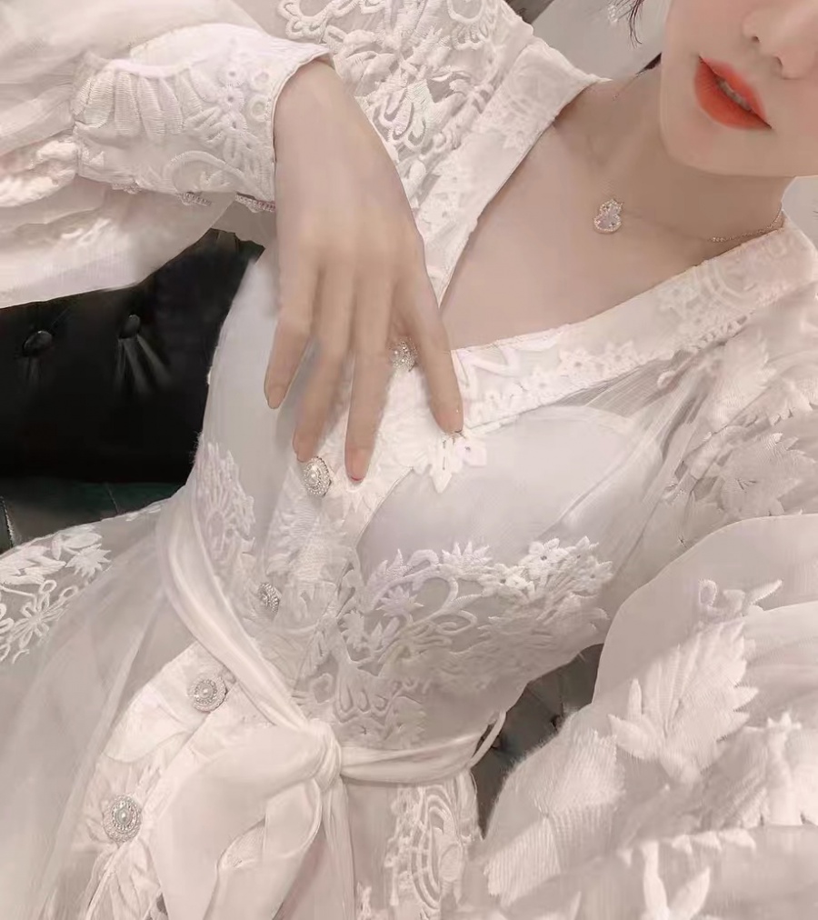 Lady white France style long dress autumn lace dress for women