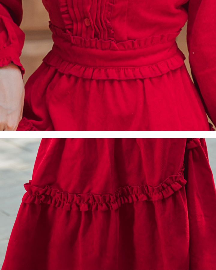 Art retro corduroy dress red big skirt slim long dress