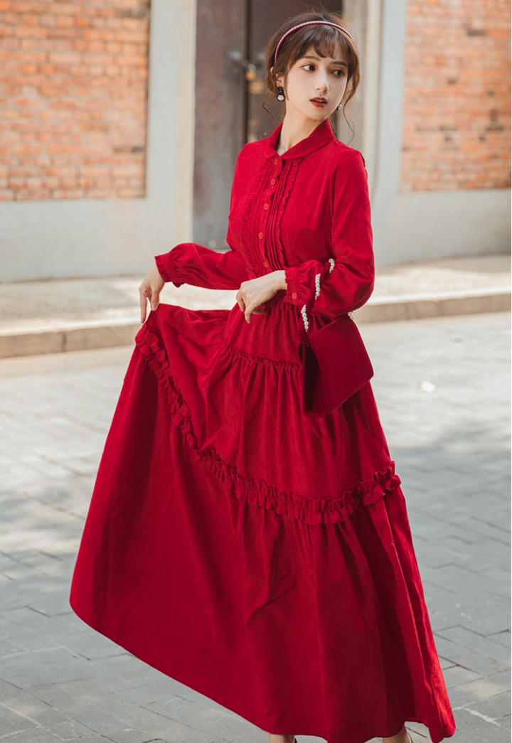 Art retro corduroy dress red big skirt slim long dress