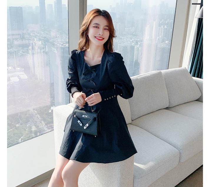 Pinched waist square collar autumn dress for women