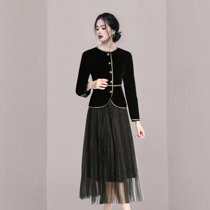 Gauze fashion tops round neck short skirt 2pcs set