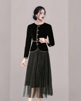 Gauze fashion tops round neck short skirt 2pcs set