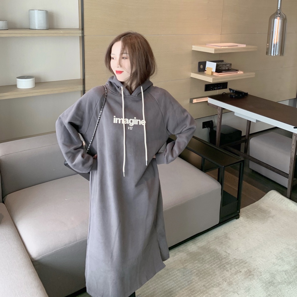 Split Korean style dress plus velvet Casual hoodie