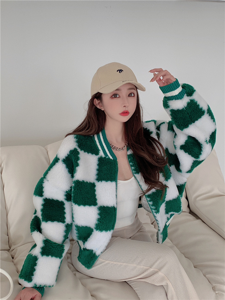 Chessboard cotton coat Korean style baseball uniforms