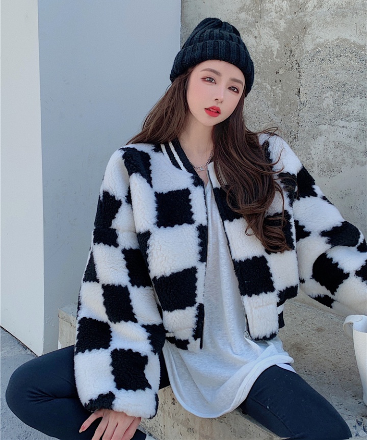 Chessboard cotton coat Korean style baseball uniforms