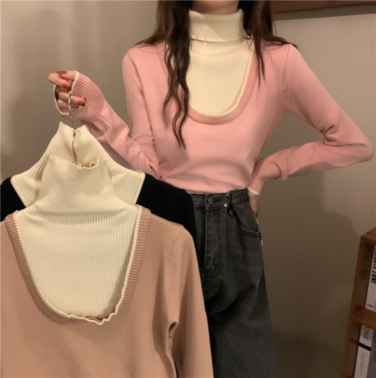Long sleeve mixed colors loose high collar sweater