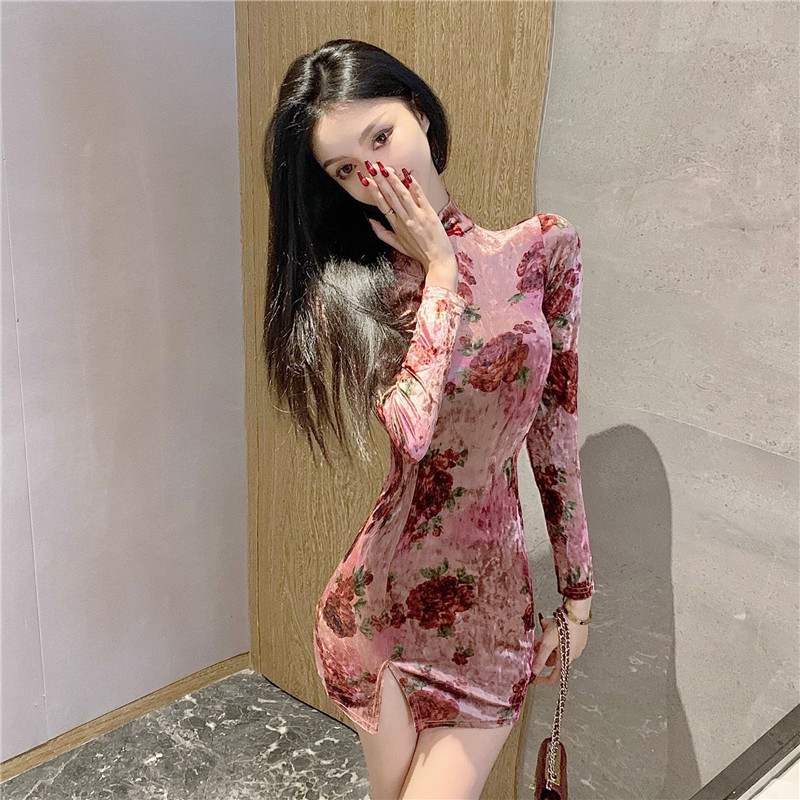 Split printing dress slim velvet cheongsam