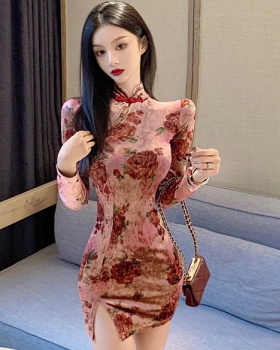 Split printing dress slim velvet cheongsam