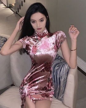 Split printing cheongsam velvet slim dress