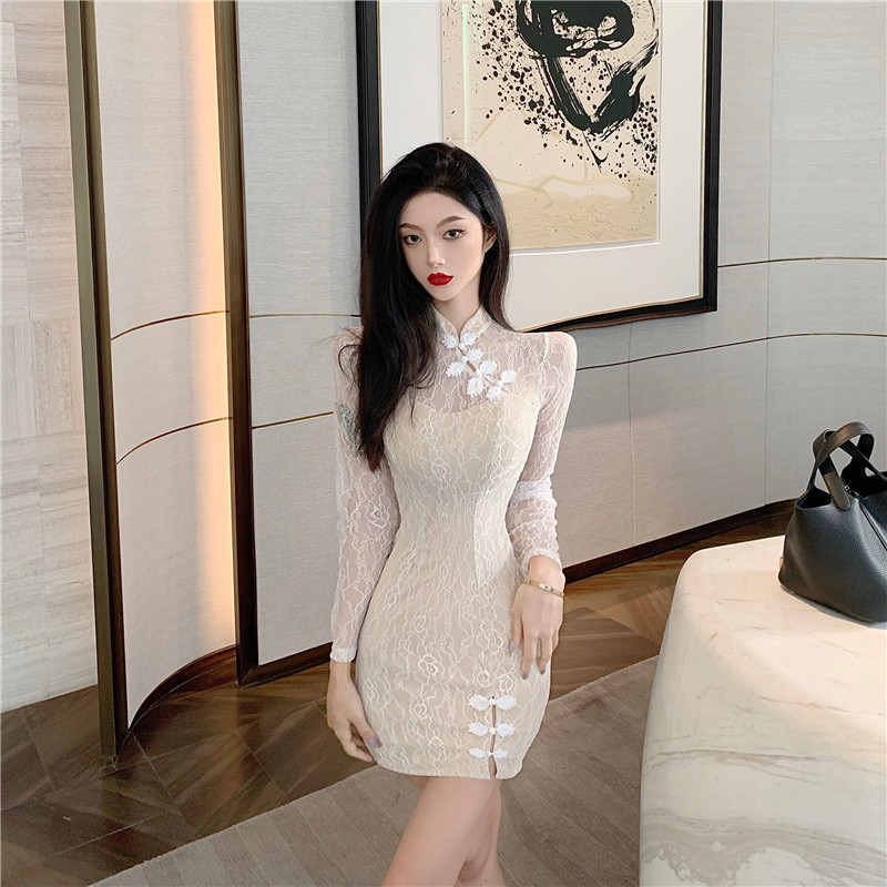 Retro autumn cheongsam slim lace dress