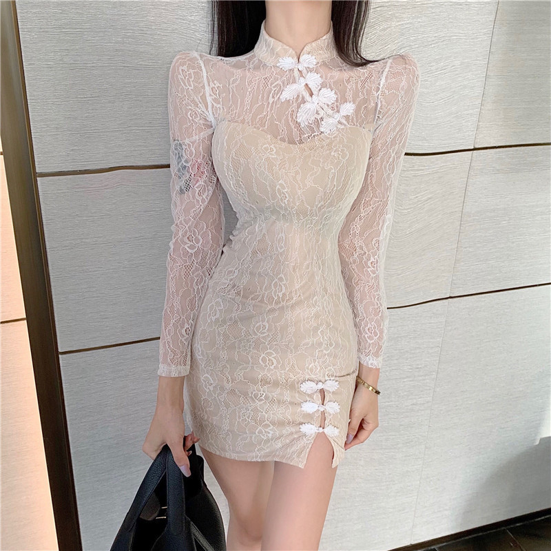 Retro autumn cheongsam slim lace dress