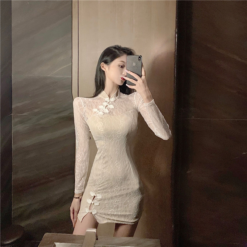 Retro autumn cheongsam slim lace dress