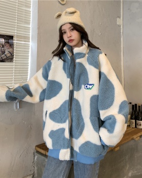 Lamb fur thick loose cardigan blue Japanese style coat