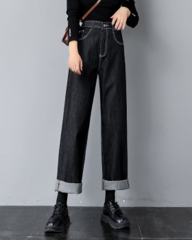 Straight thick jeans high waist wide leg pants for women