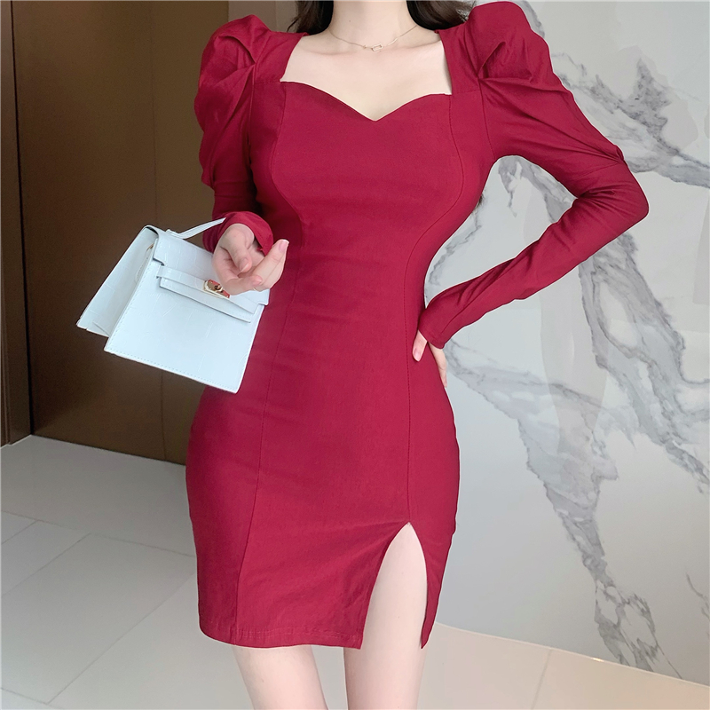 Package hip split France style slim dress