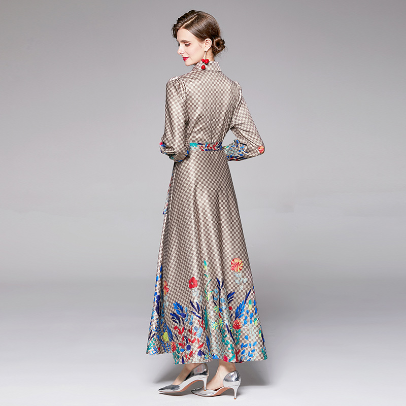 All-match printing fashion with belt slim dress
