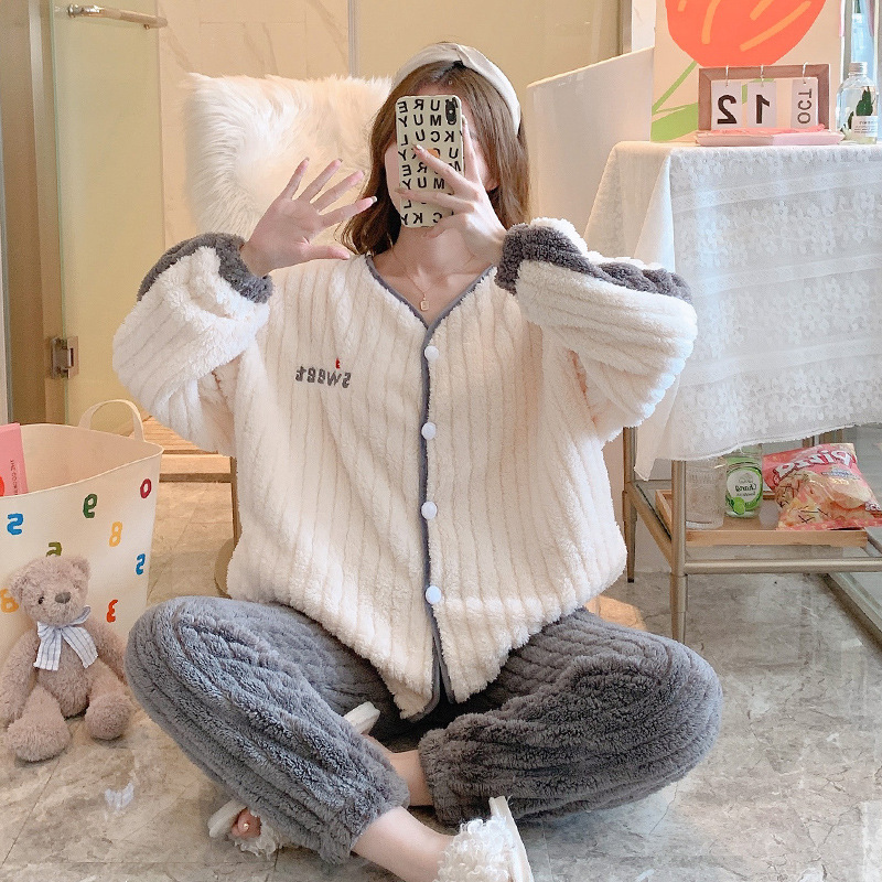 Thick pajamas thermal cardigan 2pcs set for women